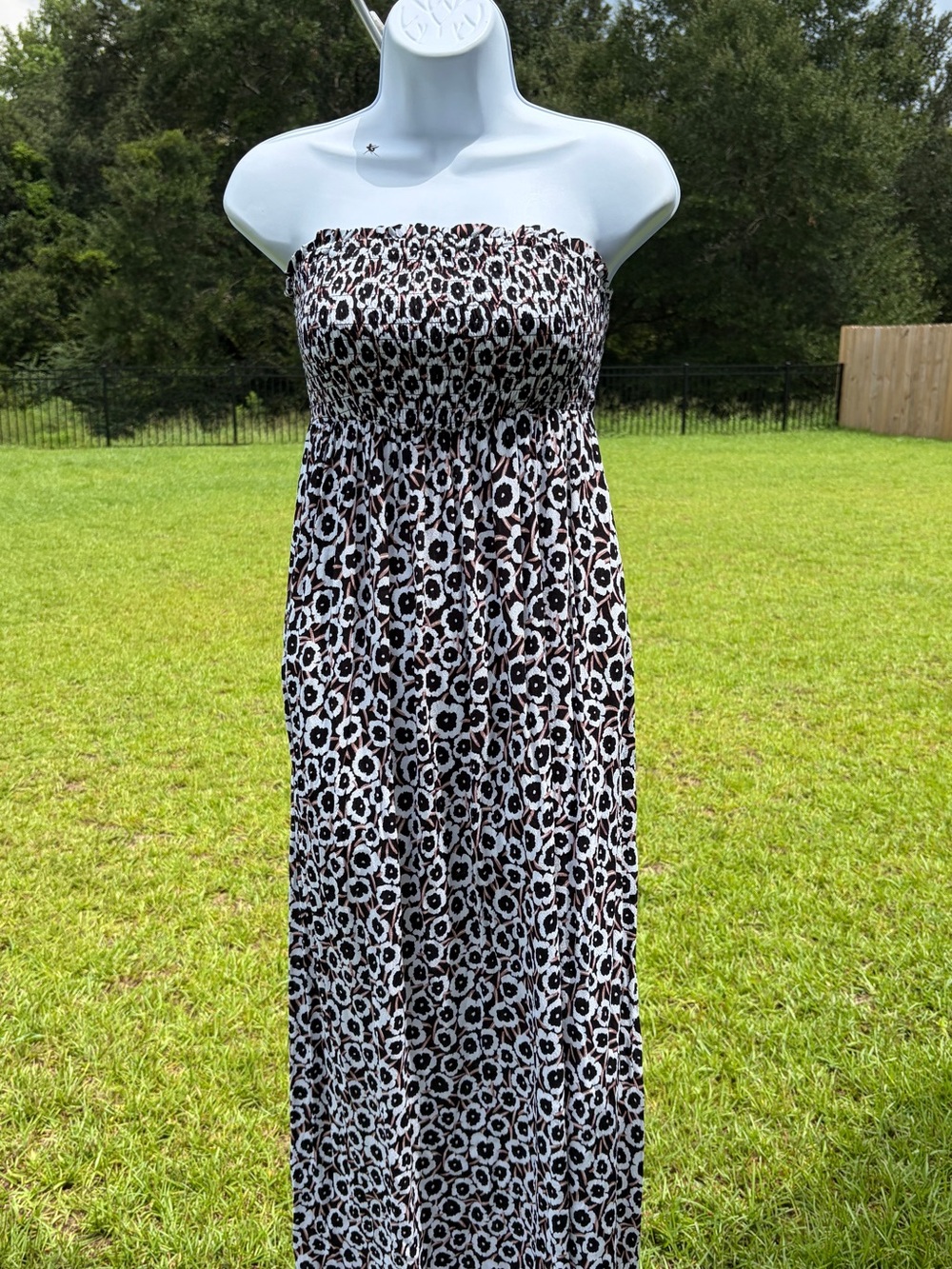 Diane von Furstenberg Strapless Black, White & Brown Floral Print Maxi Dress
